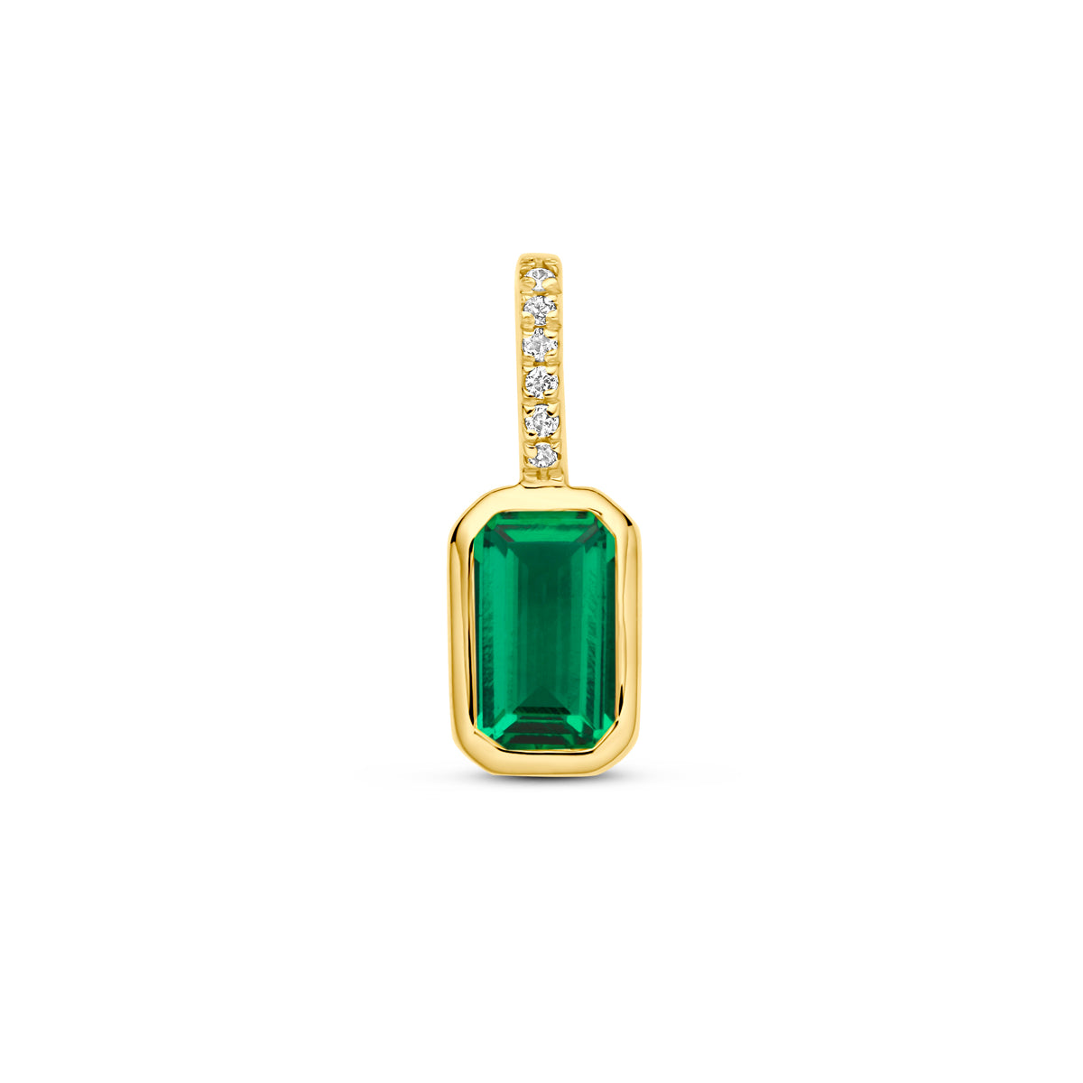 Vooraanzicht 14k geelgouden geboortesteen hanger Lumina met groene lab grown smaragd en diamant.