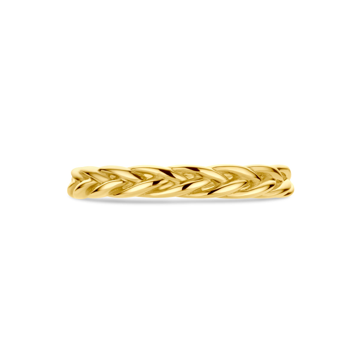Bovenaanzicht van de Maud ring, waarin het doorlopende vlechtpatroon over de breedte van 3 mm zichtbaar is.