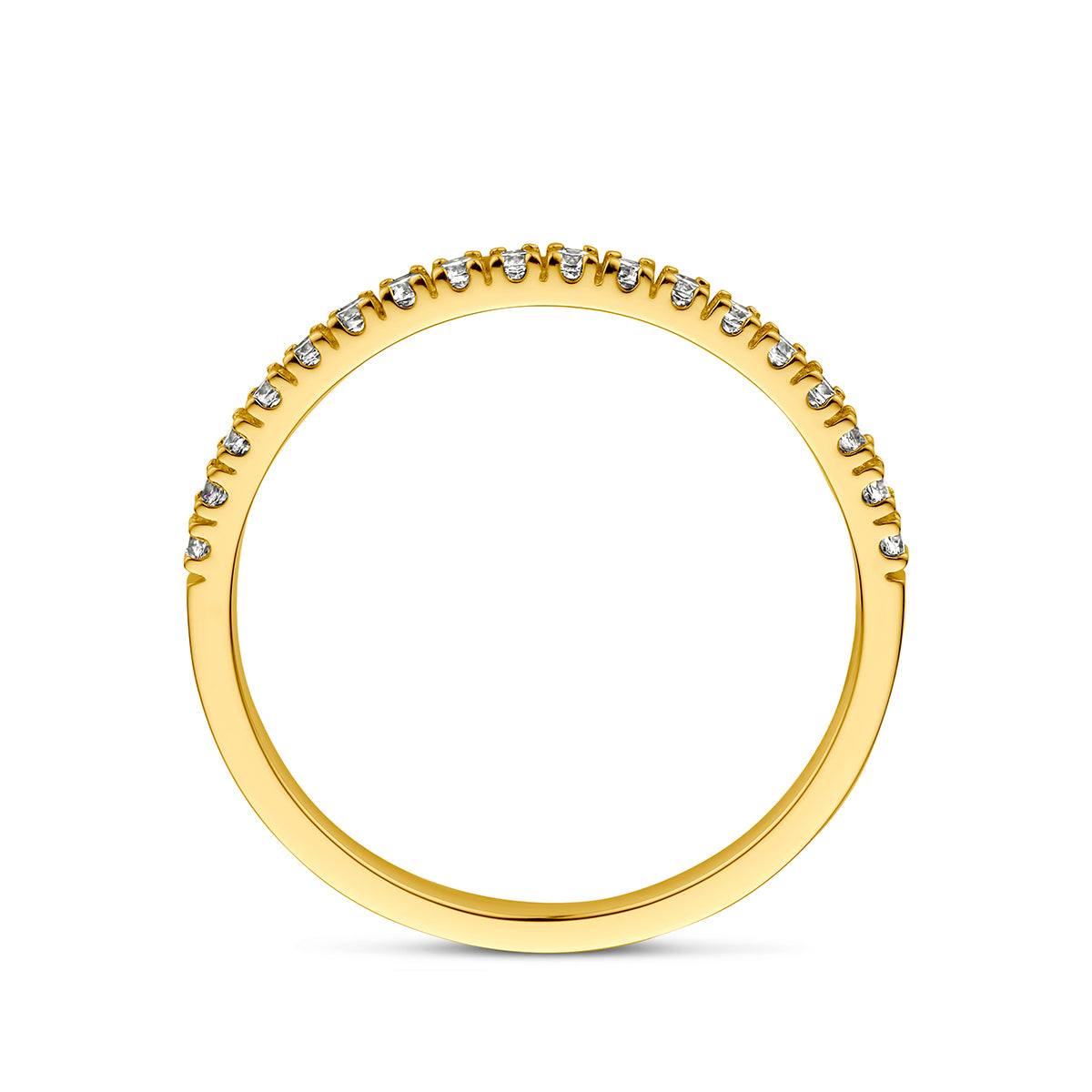 Zijaanzicht van de gouden geboortesteen ring april met zirkonia van 14 karaat.