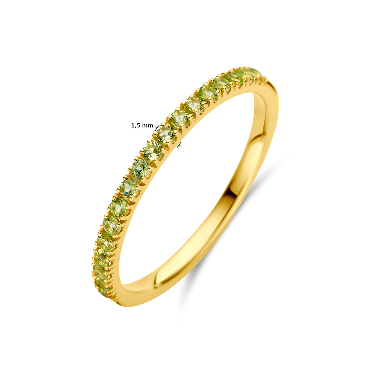 Afmetingen van de gouden geboortesteen ring augustus met peridoot van 14 karaat: 1,5 mm breed.