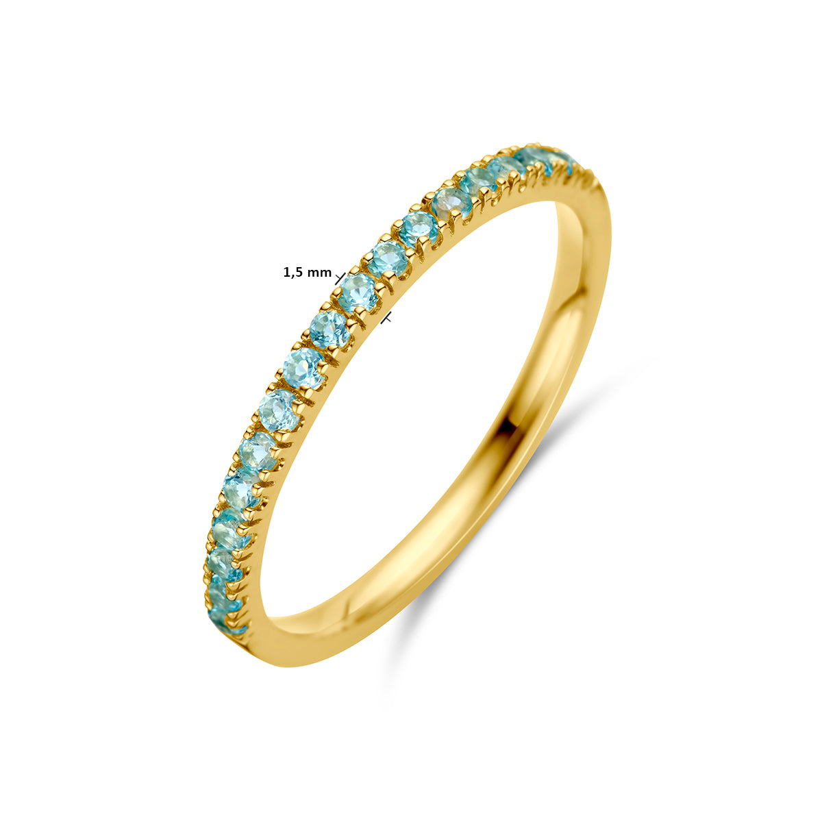 Afmetingen van de gouden geboortesteen ring december met blauwe topaas van 14 karaat: 1,5 mm breed.