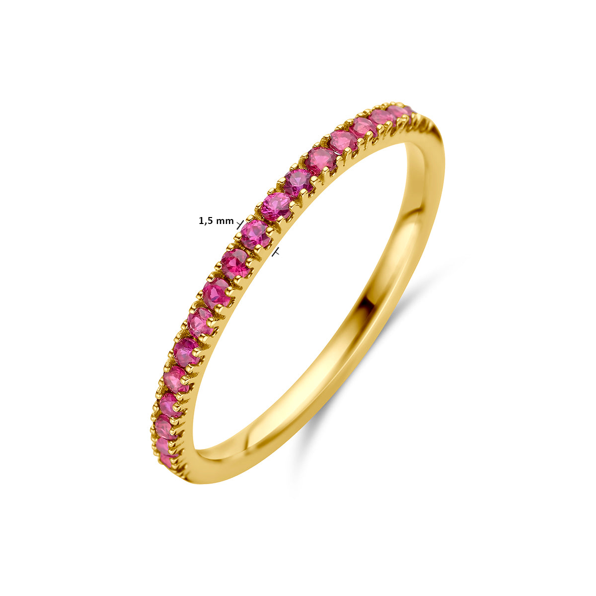 Afmetingen van de gouden geboortesteen ring juli met robijn van 14 karaat: 1,5 mm breed.