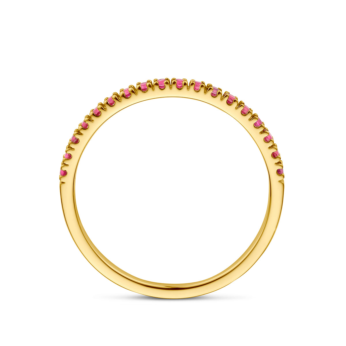 Zijaanzicht van de gouden geboortesteen ring juli met robijn van 14 karaat.