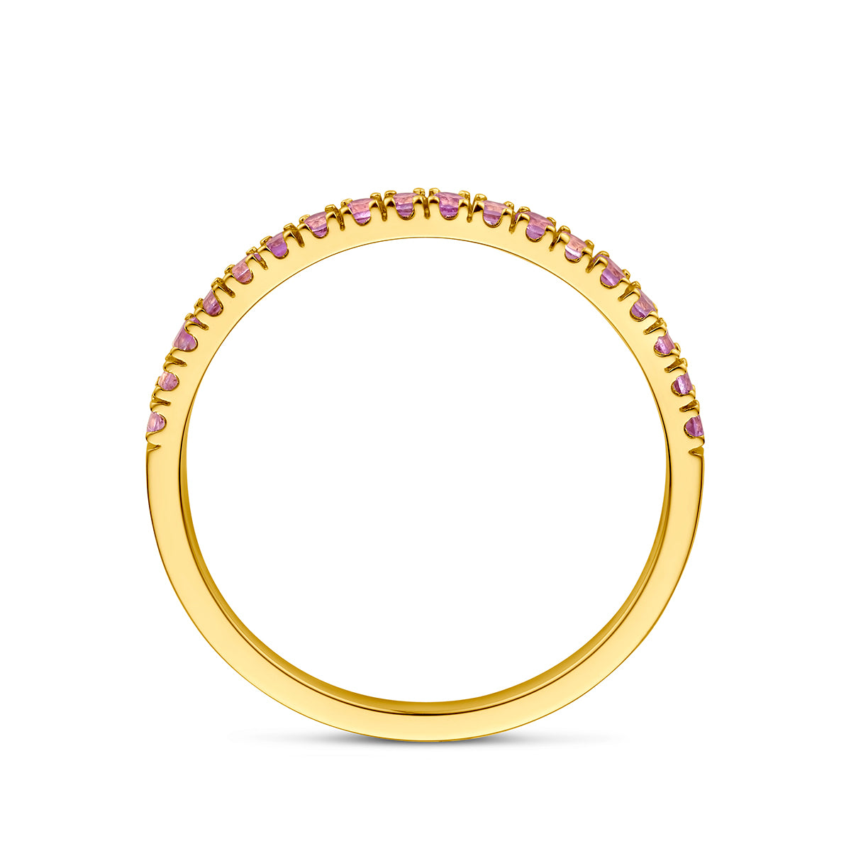 Zijaanzicht van de gouden geboortesteen ring juni met lichte amethist van 14 karaat.