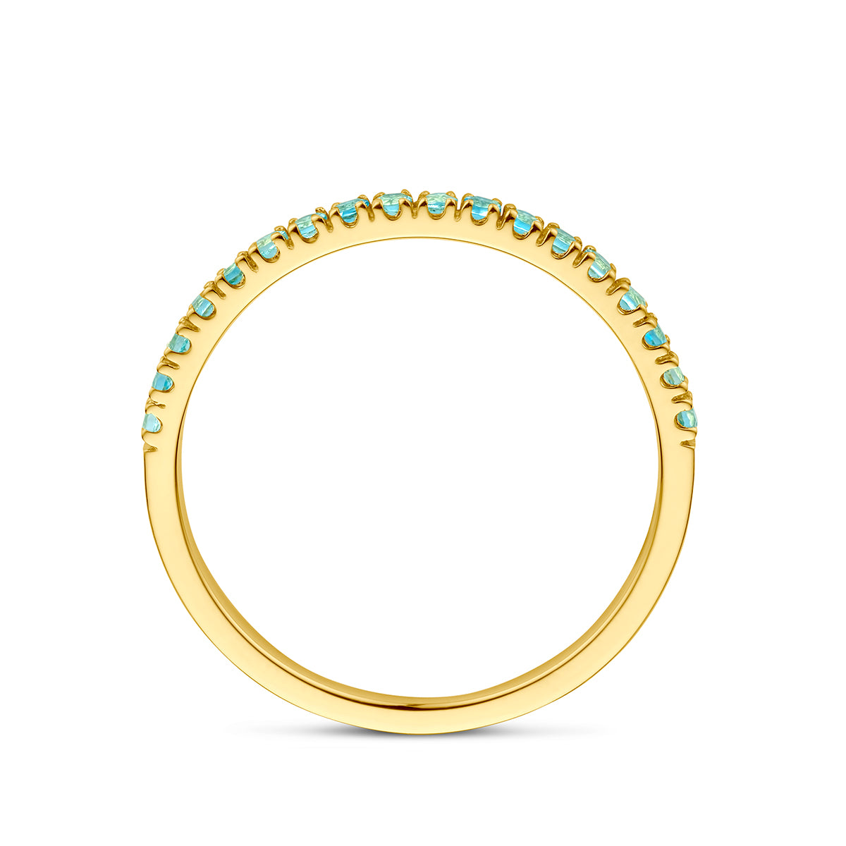 Zijaanzicht van de gouden geboortesteen ring maart met aquamarijn van 14 karaat.