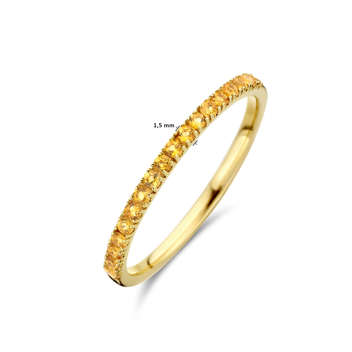 Afmetingen van de gouden geboortesteen ring november met citrien van 14 karaat: 1,5 mm breed.