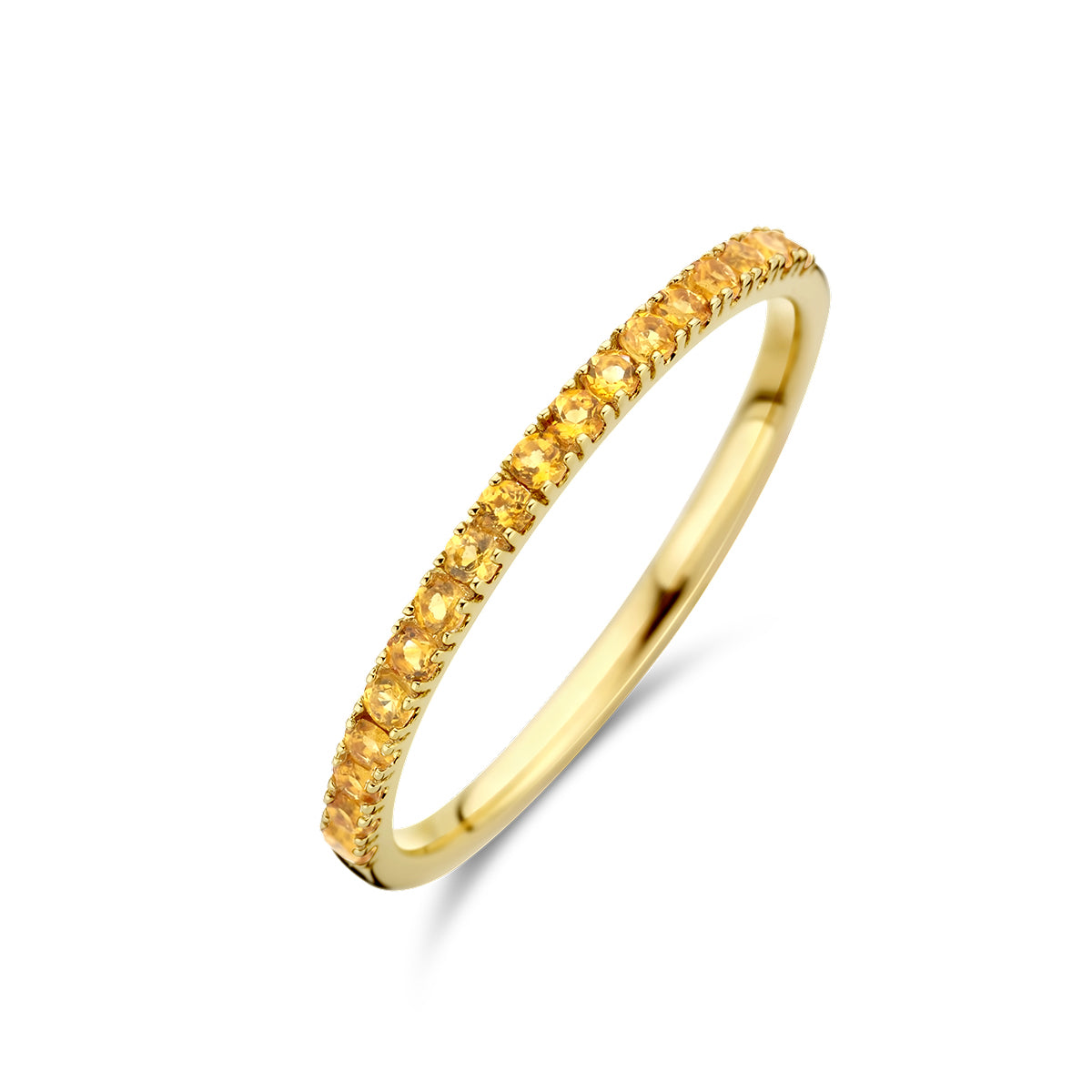 Schuin bovenaanzicht van de gouden geboortesteen ring november met citrien van 14 karaat.