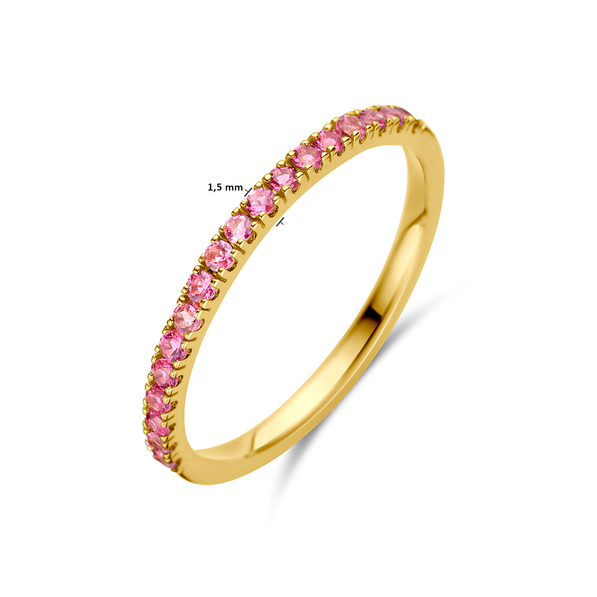 Afmetingen van de gouden geboortesteen ring oktober met roze toermalijn van 14 karaat: 1,5 mm breed.