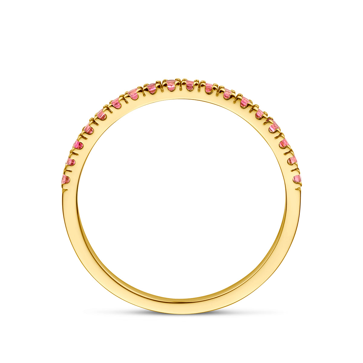 Zijaanzicht van de gouden geboortesteen ring oktober met roze toermalijn van 14 karaat.