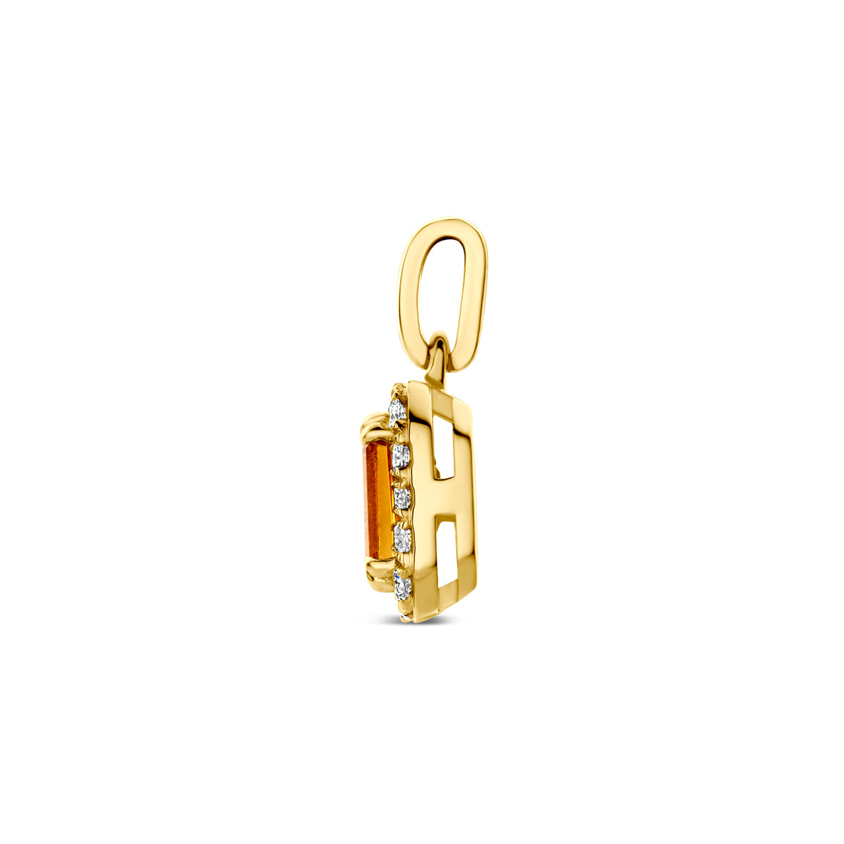 Zijaanzicht van de 14 karaat gouden halo hanger citrien met lab grown diamant 0,08 ct, zodat de diepte van de hanger zichtbaar is.
