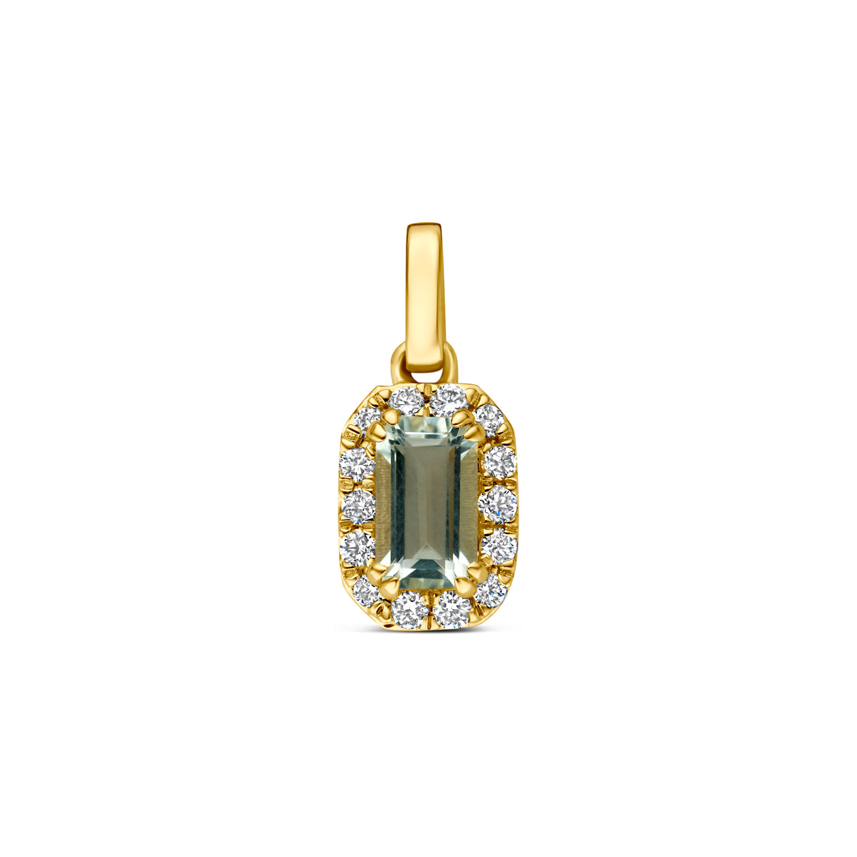 Vooraanzicht van de 14 karaat gouden halo hanger groene amethist met lab diamant 0,08 ct, 7,5 mm hoog en 5,5 mm breed.