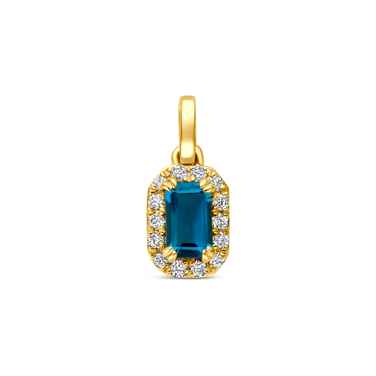 Vooraanzicht van de 14 karaat gouden halo hanger london blue topaas met lab diamant 0,08 ct, 7,5 mm hoog en 5,5 mm breed.