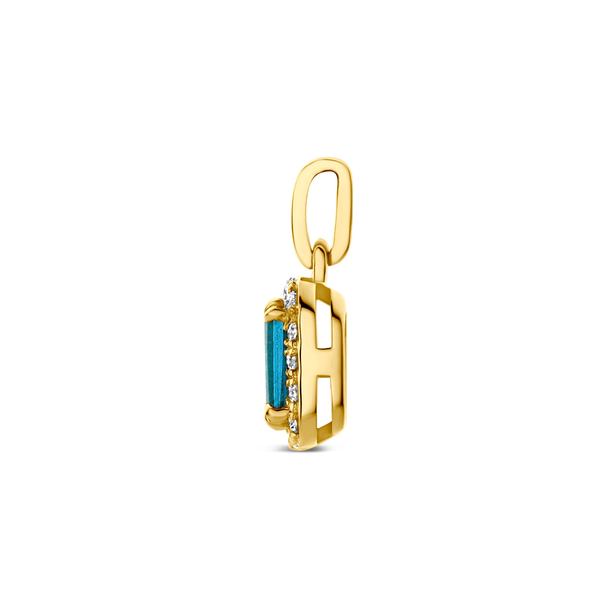 Zijaanzicht van de 14 karaat gouden halo hanger london blue topaas met lab diamant 0,08 ct, zodat de diepte van de hanger zichtbaar is.