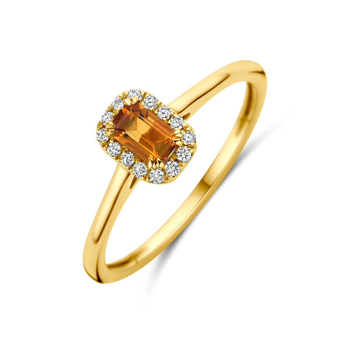 Schuin bovenaanzicht van de 14 karaat gouden halo ring citrien met lab diamant 0,08 ct, 7,5 mm breed en 5,5 mm hoog.