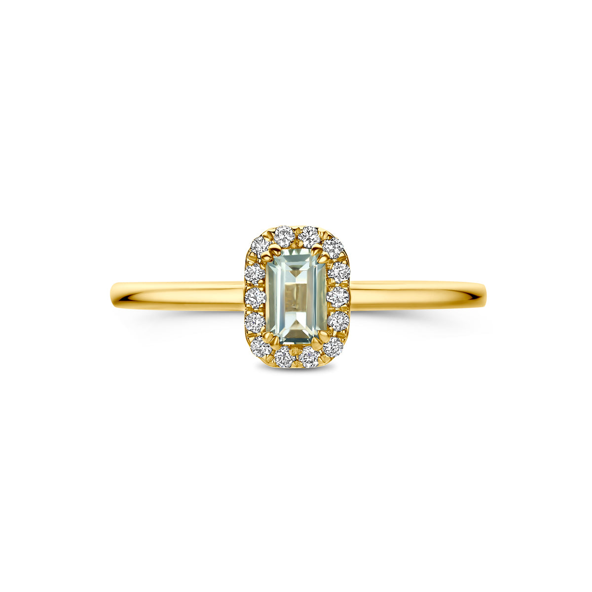 Bovenaanzicht van de 14 karaat gouden halo ring groene amethist met lab diamant 0,08 ct, plat liggend van bovenaf gezien.