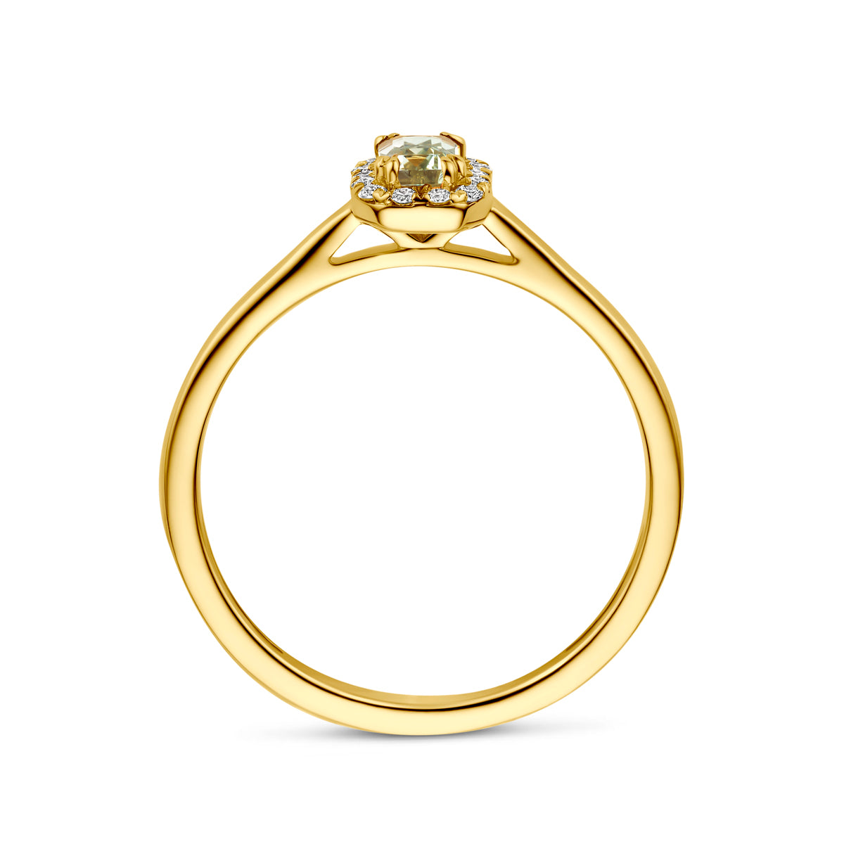 Zijaanzicht van de 14 karaat gouden halo ring groene amethist met lab diamant 0,08 ct, zodat het profiel van de ring zichtbaar is.