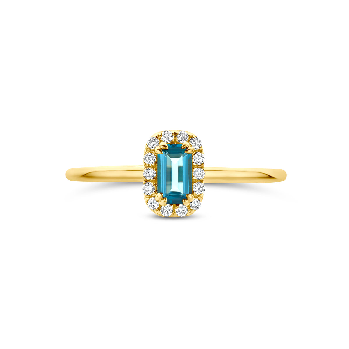 Bovenaanzicht van de 14 karaat gouden halo ring london blue topaas met lab diamant 0,08 ct, plat liggend van bovenaf gezien.