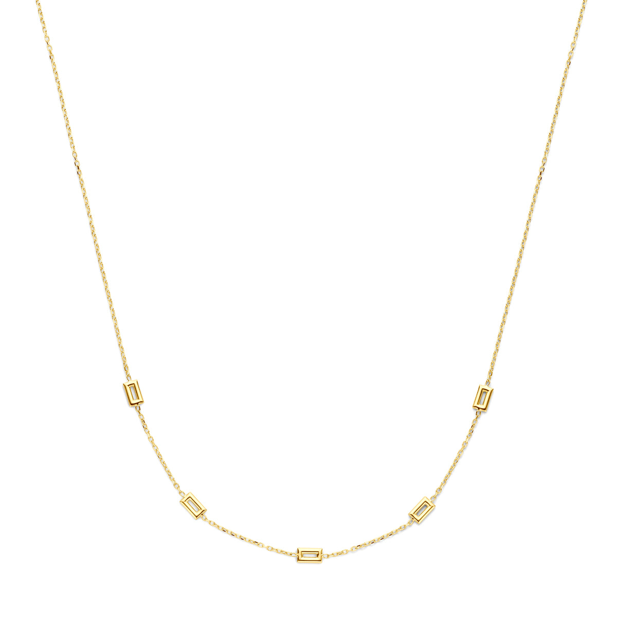 Vooraanzicht van de 14k gouden halsketting rechthoekige details, 43 cm lang met rechthoekige details.