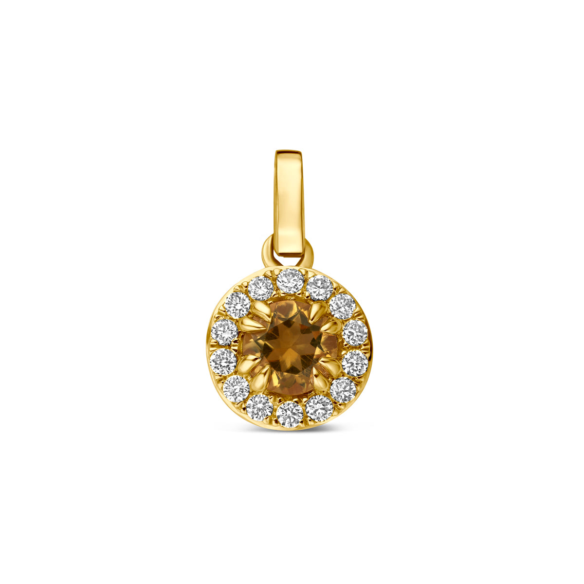 Vooraanzicht van de 14 karaat gouden hanger citrien halo lab grown diamant 0,08 ct.