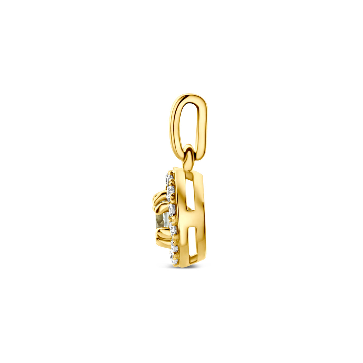 Zijaanzicht van de 14 karaat gouden hanger groene amethist halo lab diamant 0,08 ct, zodat de diepte van de hanger zichtbaar is.