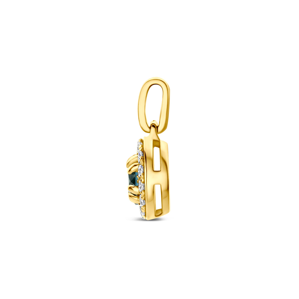 Zijaanzicht van de 14 karaat gouden hanger london blue topaas halo lab diamant 0,08 ct, zodat de diepte van de hanger zichtbaar is.