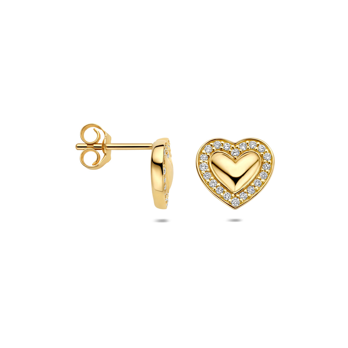 Voor- en zijaanzicht van de 14 karaat gouden hartjes oorknoppen lab diamant 0,20 ct, met één oorbel van opzij zodat de sluiting zichtbaar is.