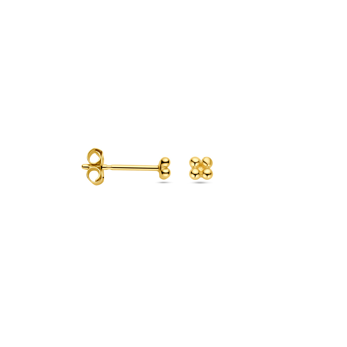 Zijaanzicht van de gouden oorknopjes, tonend hoe de bolletjescluster op de steker is geplaatst.