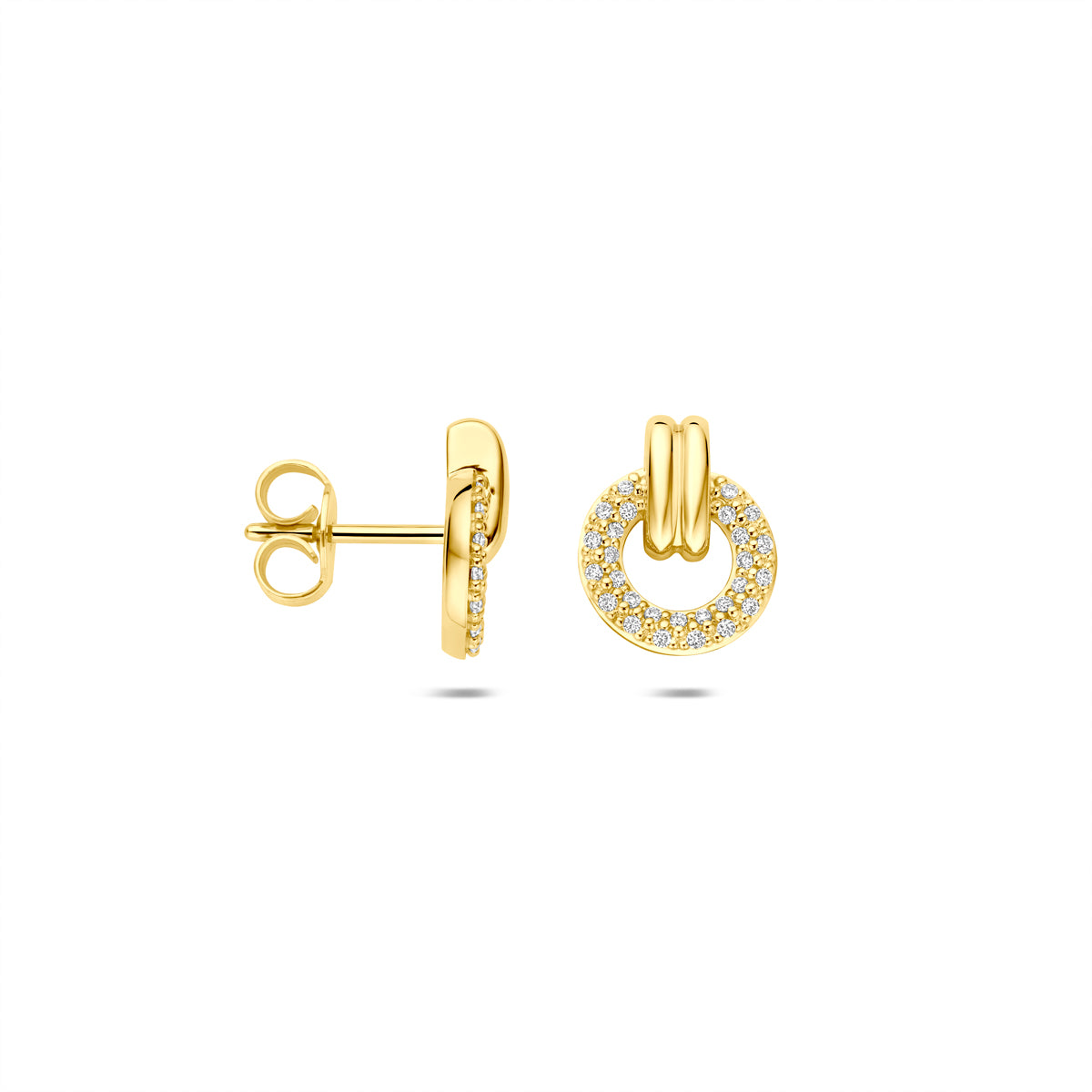 Detailopname van de 'Halo' oorknoppen die het voor- en zijaanzicht en de pavé zetting tonen.