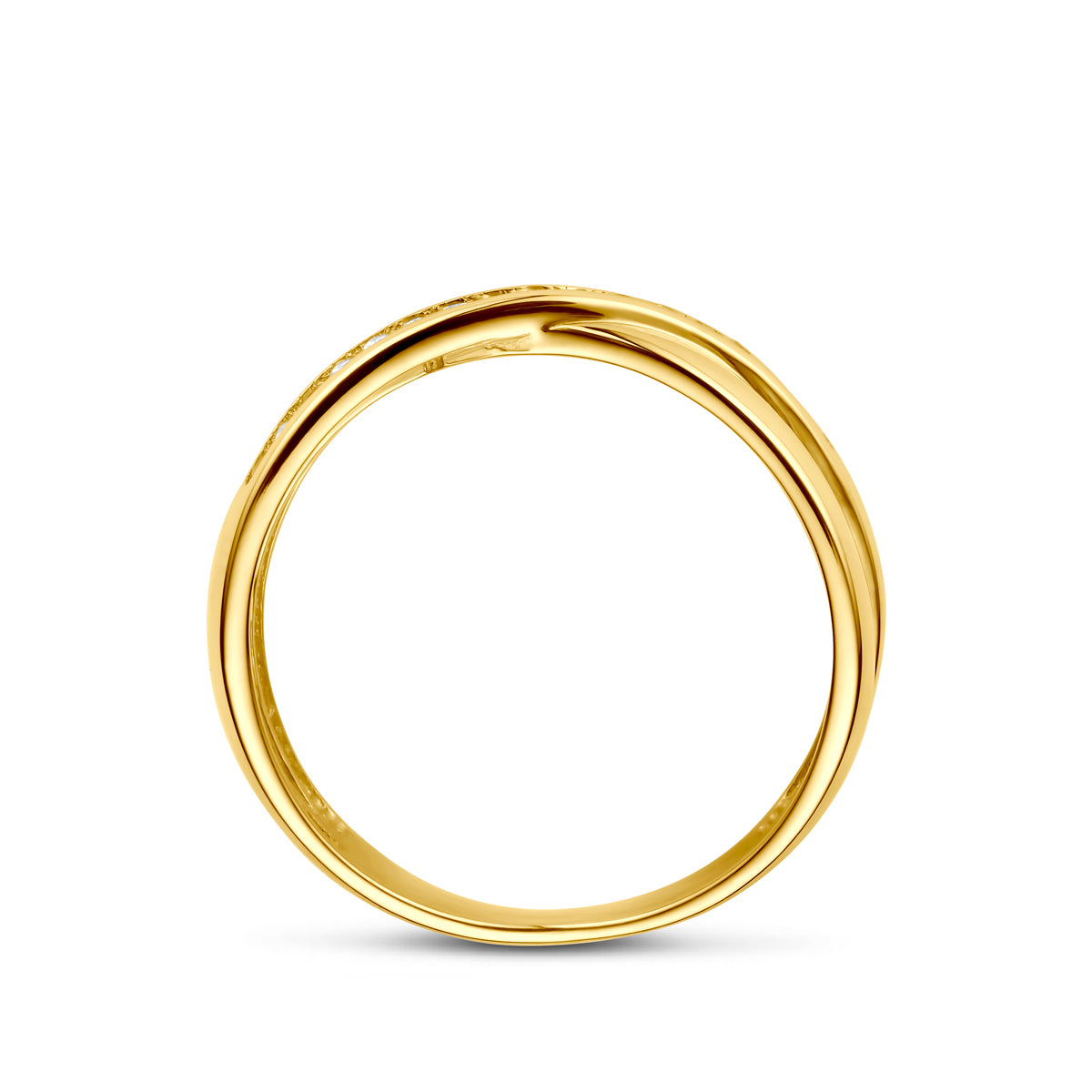 Zijaanzicht van de ring, tonend de stevige 14k ringband en de zetting van de zirkonia steentjes.