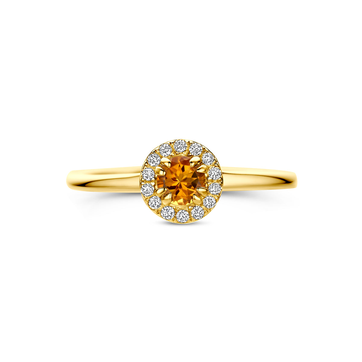 Bovenaanzicht van de 14 karaat gouden ring citrien halo lab grown diamant 0,08 ct, plat liggend van bovenaf gezien.