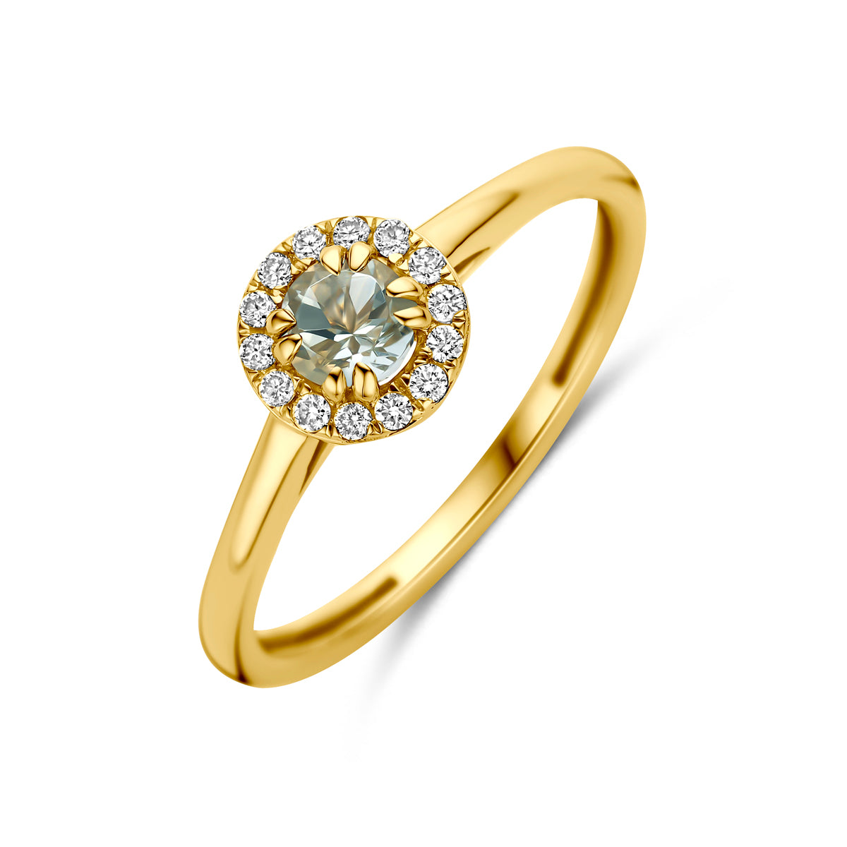 Schuin bovenaanzicht van de 14 karaat gouden ring groene amethist halo lab diamant 0,08 ct, 7 mm breed.