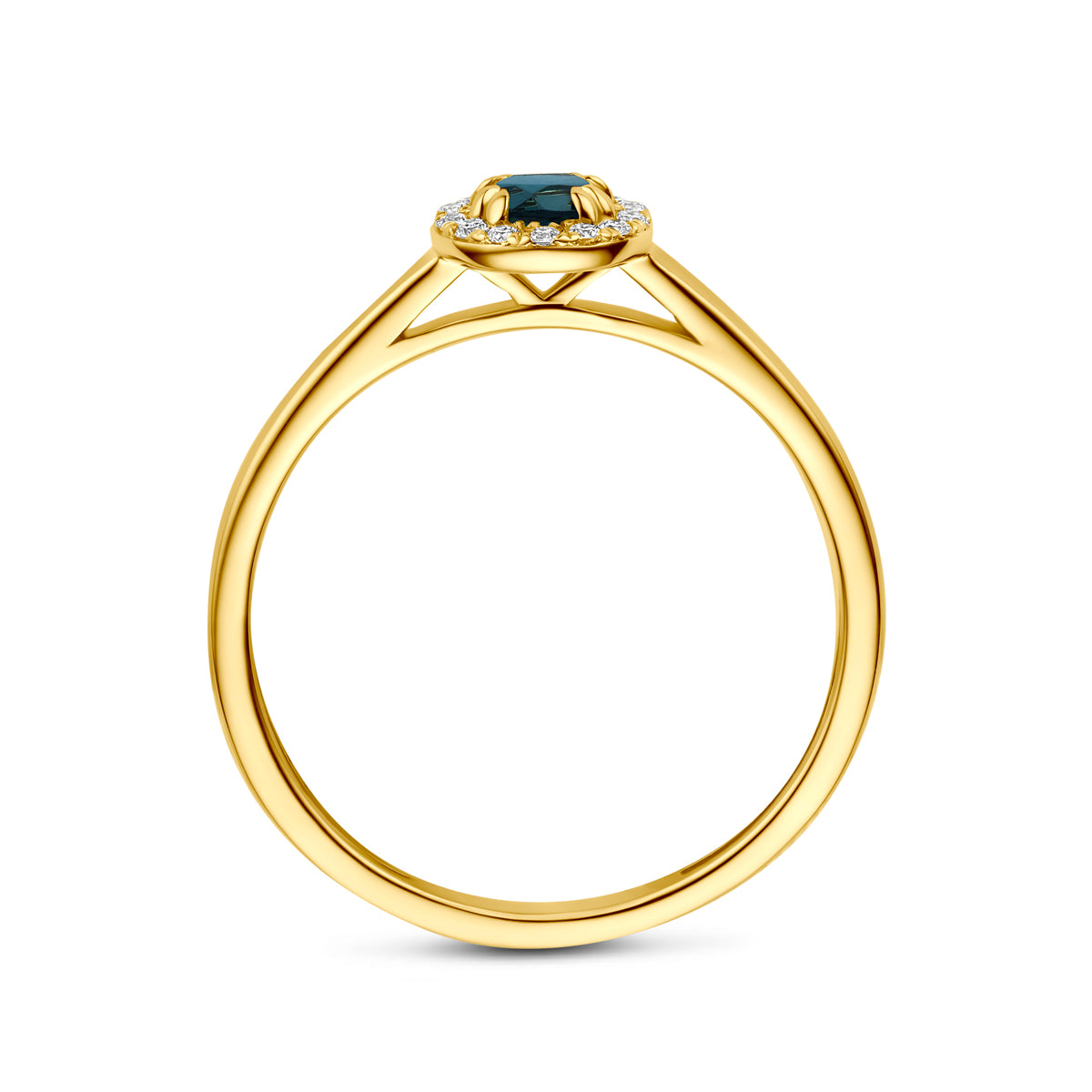 Zijaanzicht van de 14 karaat gouden ring london blue topaas halo lab diamant 0,08 ct, zodat het profiel van de ring zichtbaar is.