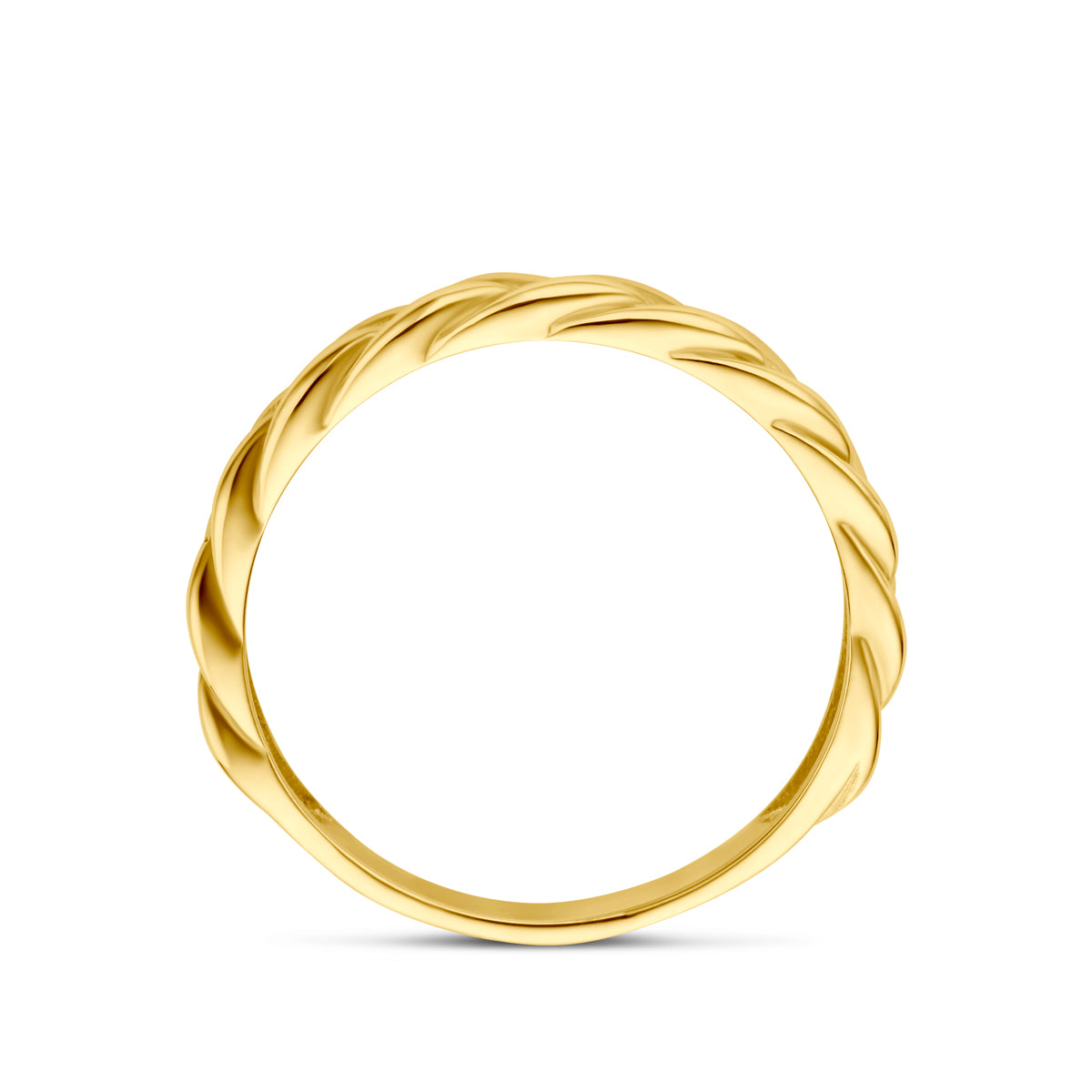 Zijaanzicht van de 'Maud' ring, dat laat zien hoe de gouden schakels stevig in elkaar grijpen.