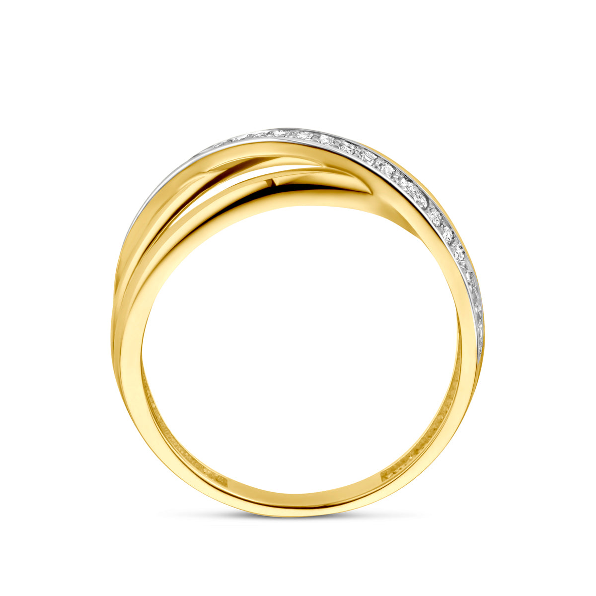 Zijaanzicht van de ring, tonend de hoogte van de banen en de stevige afwerking van het goud.