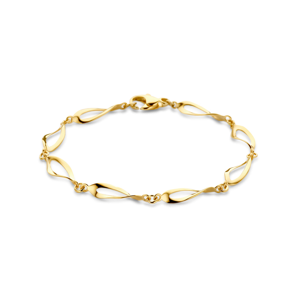 Vooraanzicht van de 14k gouden 'Folia' schakelarmband met organische, bladvormige schakels.