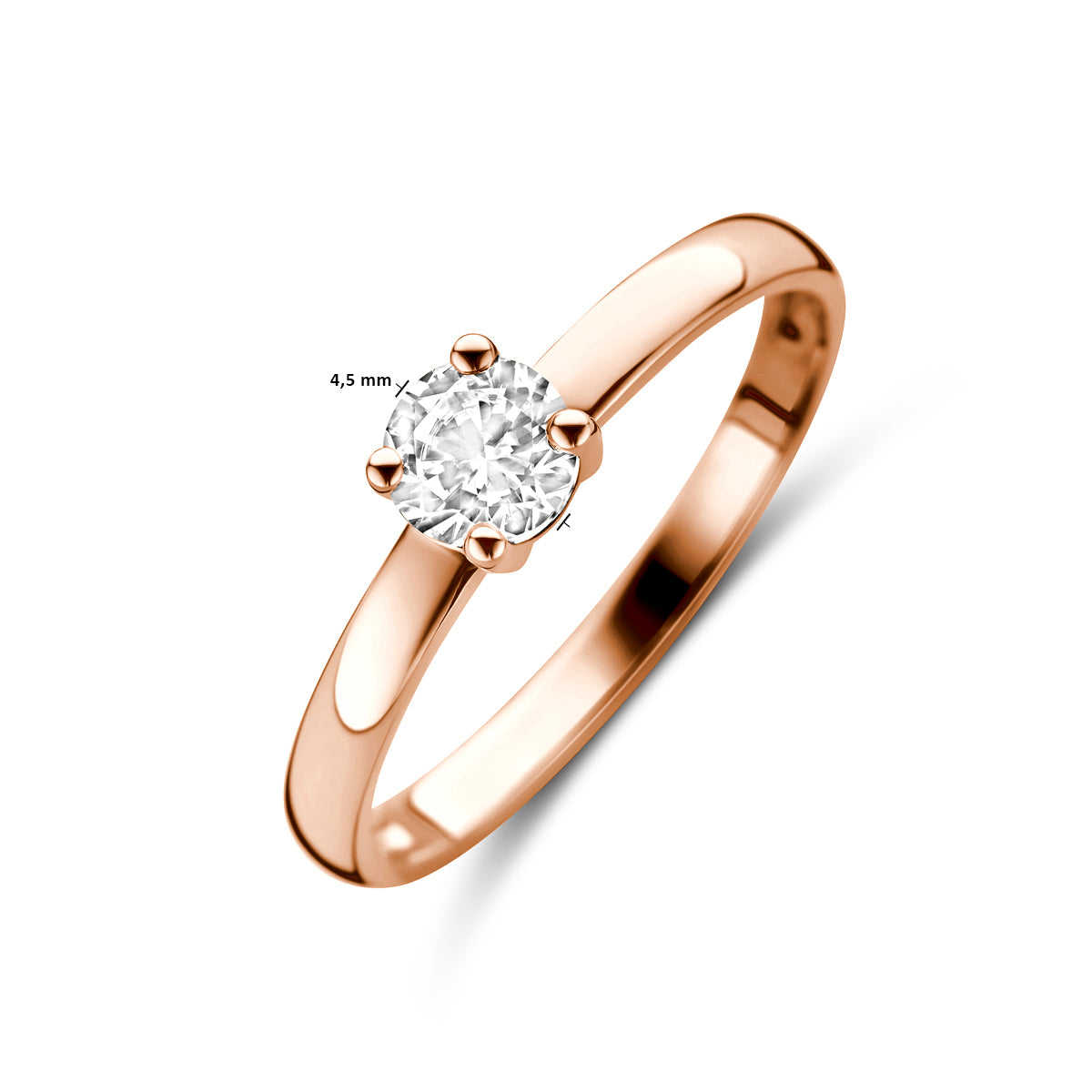 Technische afbeelding van de 14 karaat roségouden ring met zirkonia met afmetingen, 4,5 mm breed, verkrijgbaar in ringmaat 16 tot 18½.