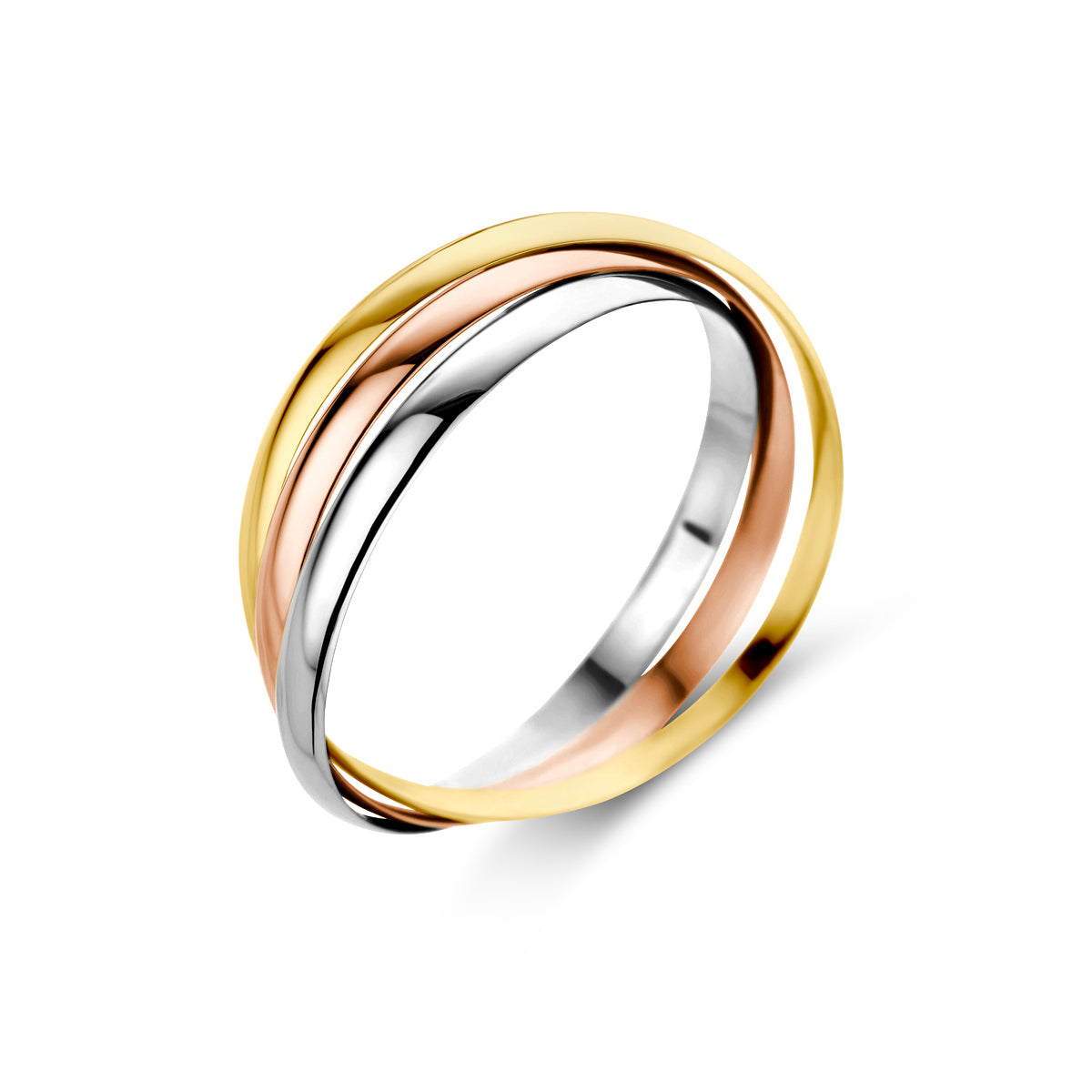 Bovenzijaanzicht van de Tricolor Liaison ring met geel-, wit- en roségoud.