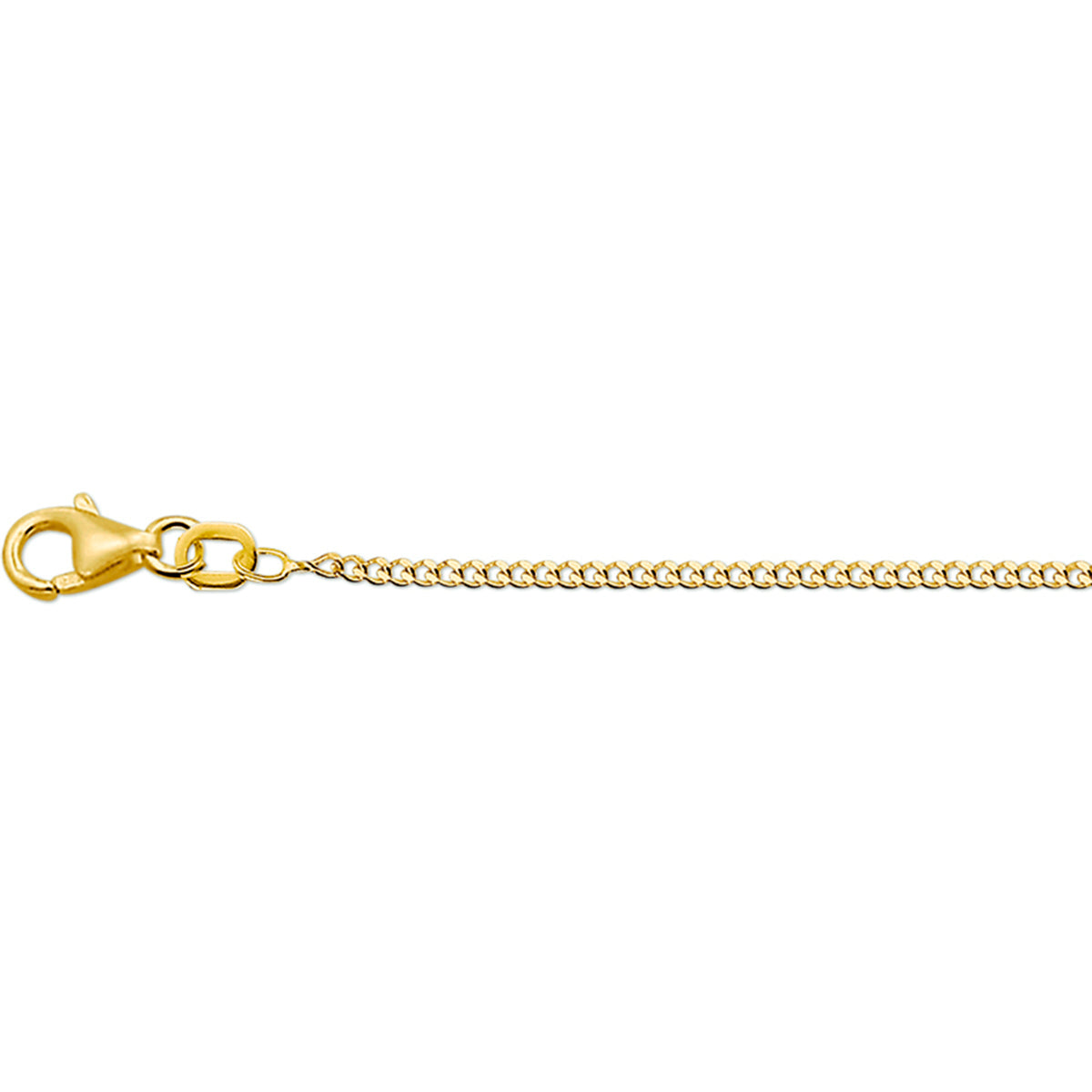 Vooraanzicht van het 14k geelgouden gourmette collier (1.4mm) op een witte achtergrond.