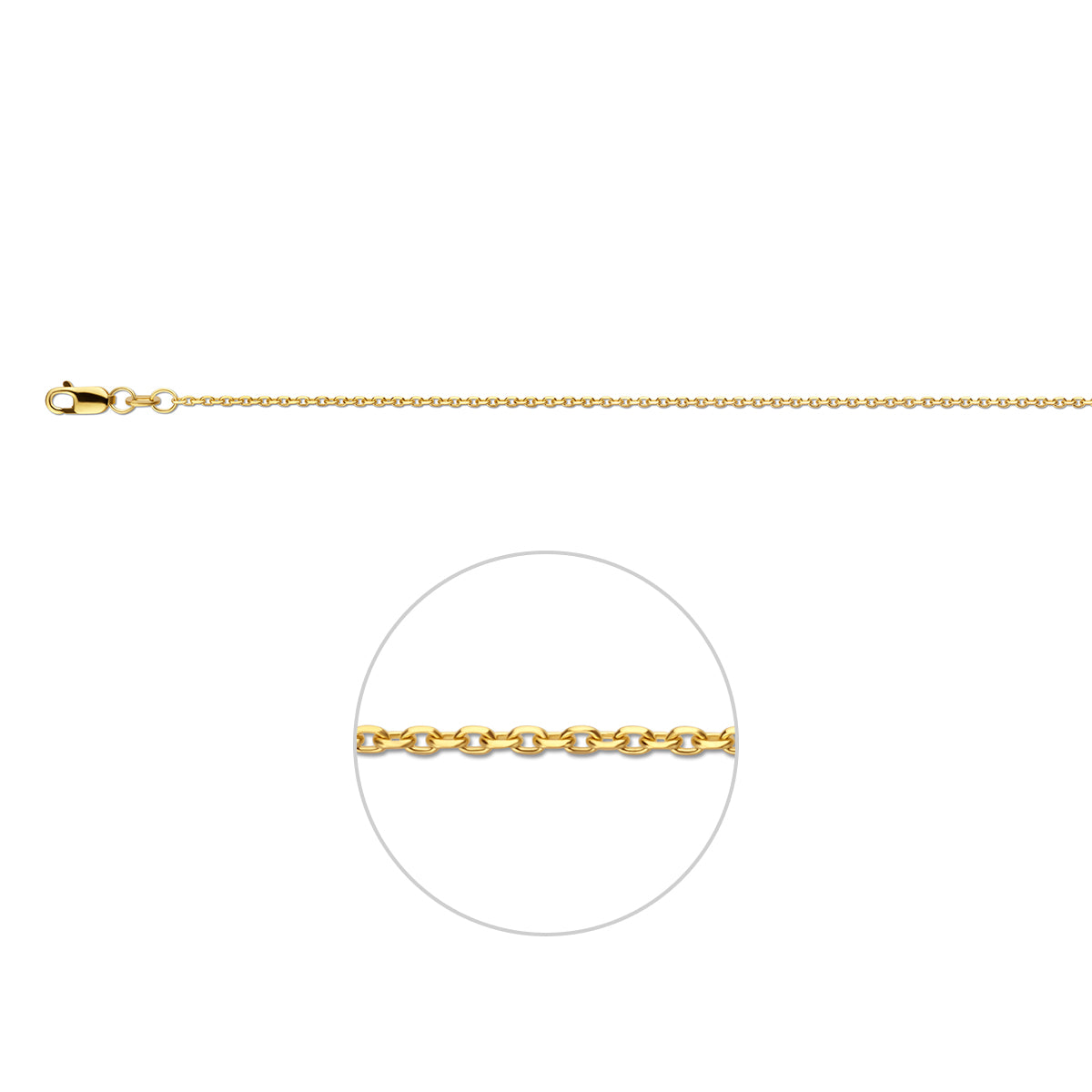 18 karaat gouden ketting: 18 karaat geelgouden gediamanteerde ankerhalsketting van 1,3 mm breed, vooraanzicht
