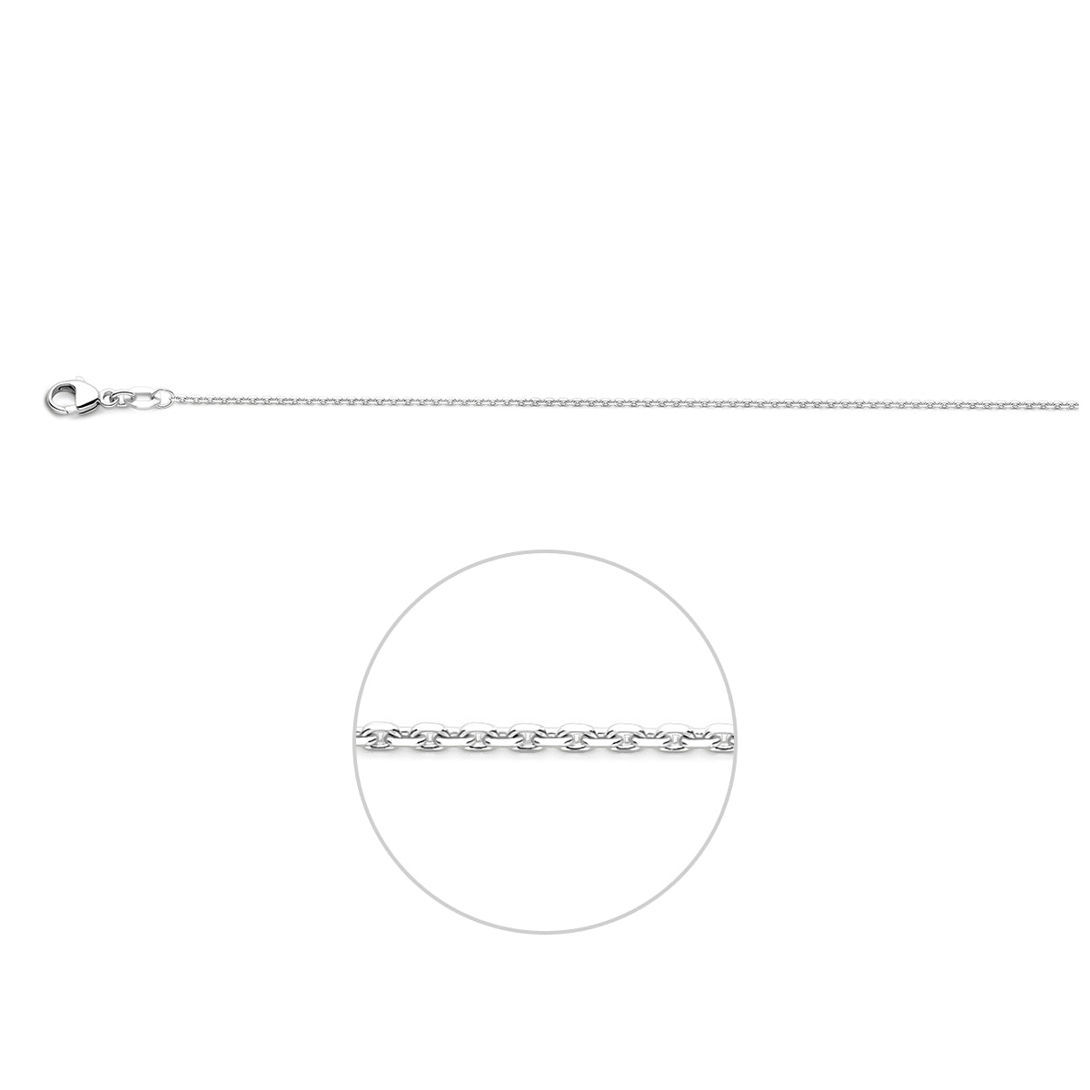 18 karaat witgouden ketting: 18 karaat witgouden gediamanteerde ankerhalsketting van 1,1 mm breed, vooraanzicht