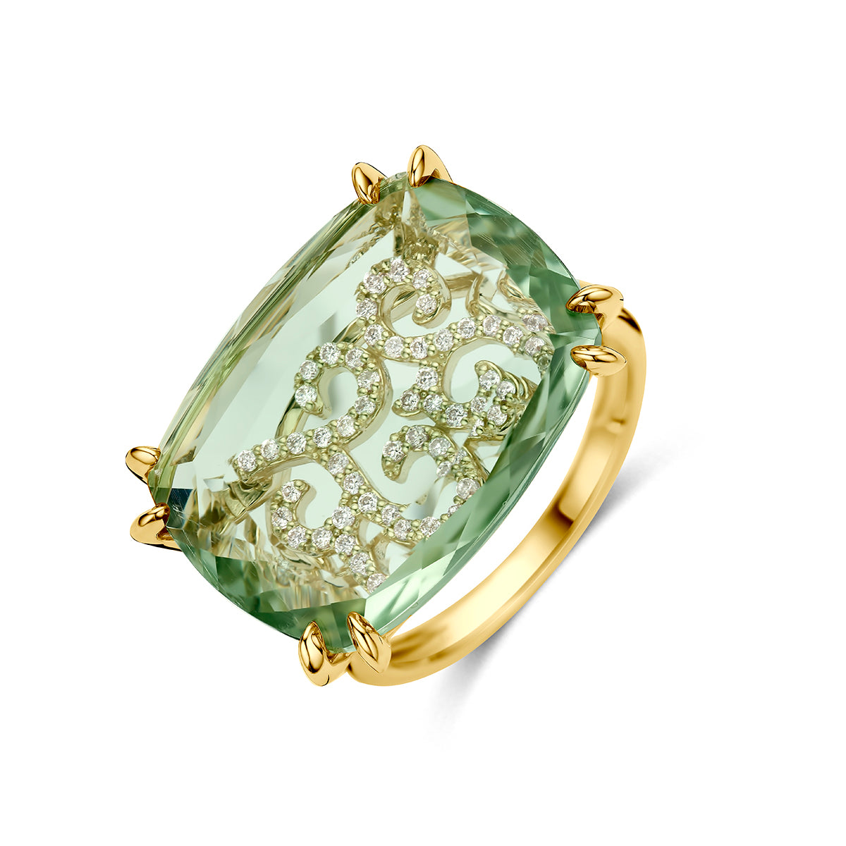 Schuin bovenaanzicht van de gouden ring met groene amethist en diamant van 14 karaat.