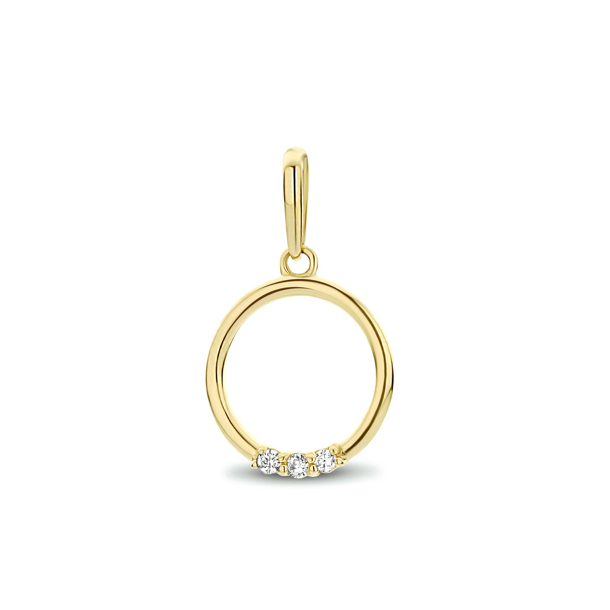 Vooraanzicht van de gouden open ronde hanger met zirkonia van 14 karaat.