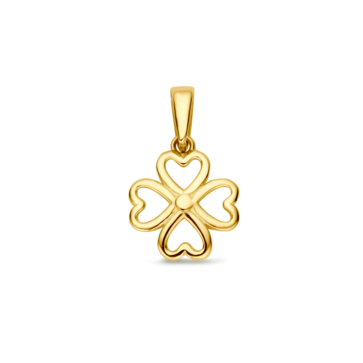 Gouden klavertje hanger van 9,5 mm, vooraanzicht