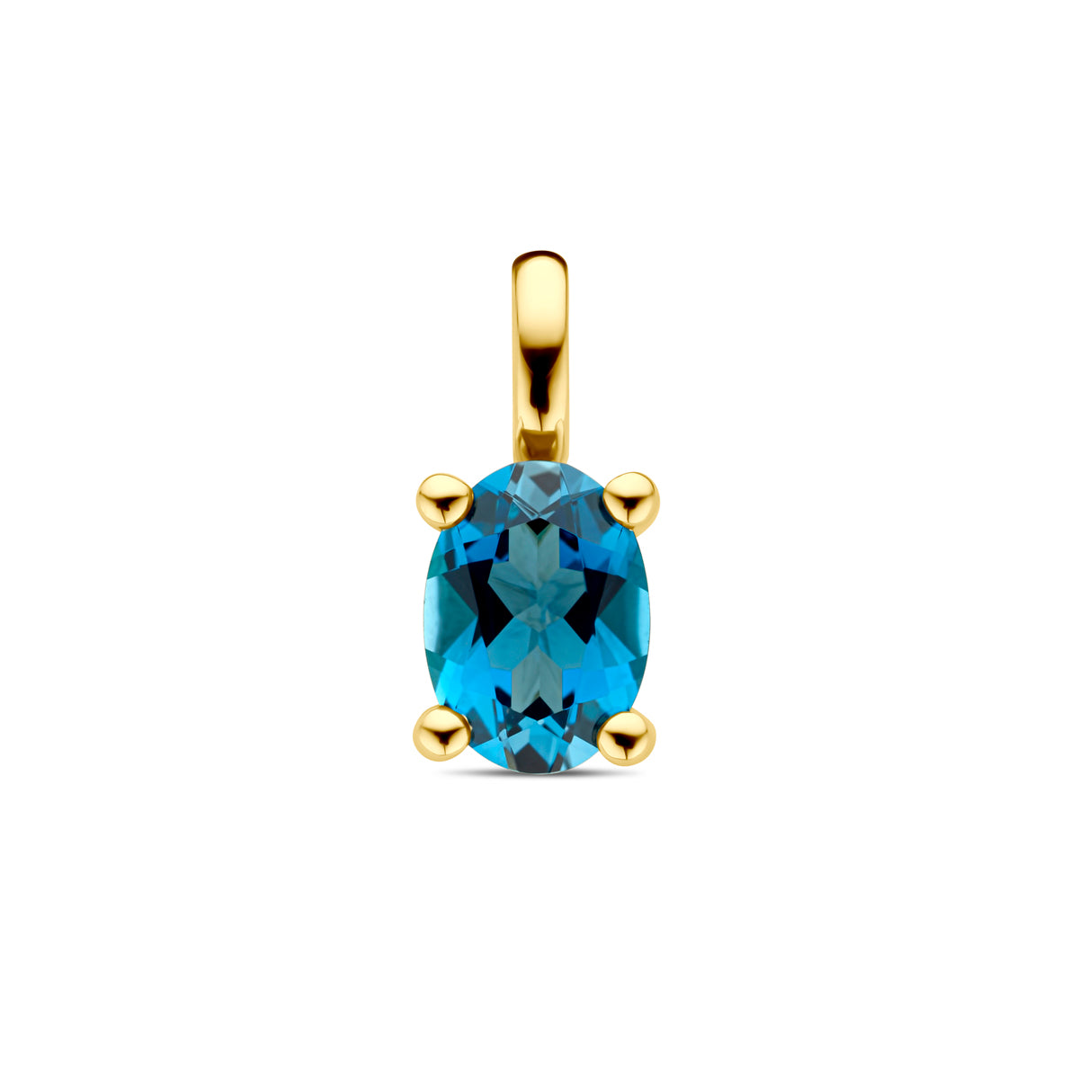 Vooraanzicht van de gouden hanger met london blue topaas van 14 karaat.