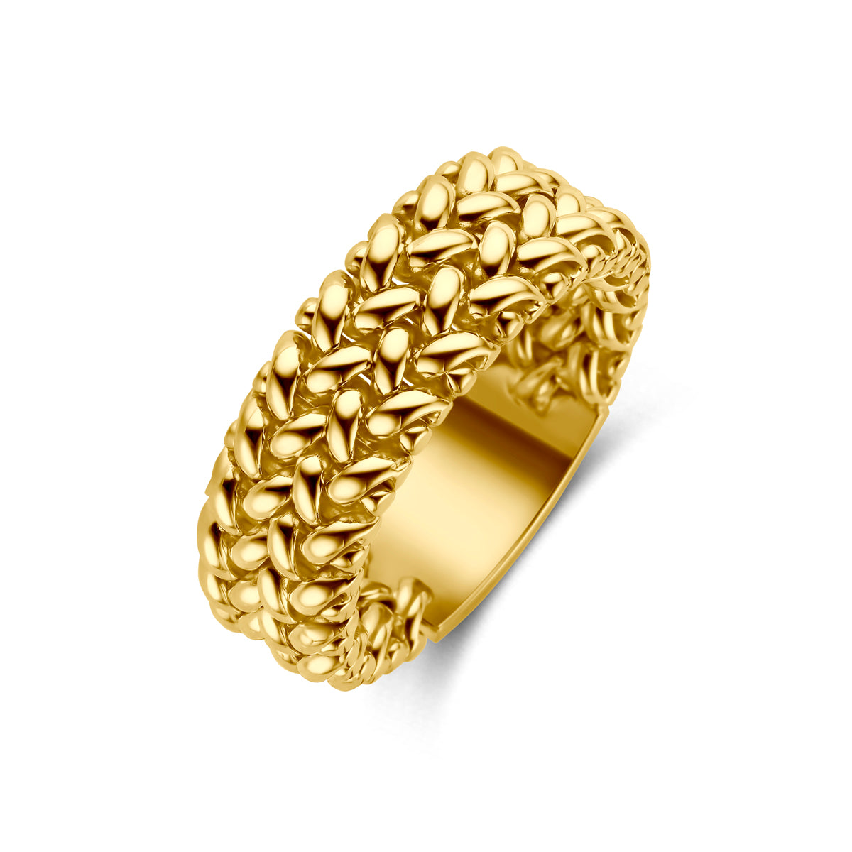 Gouden schakel ring 8 mm breed, schuin bovenaanzicht