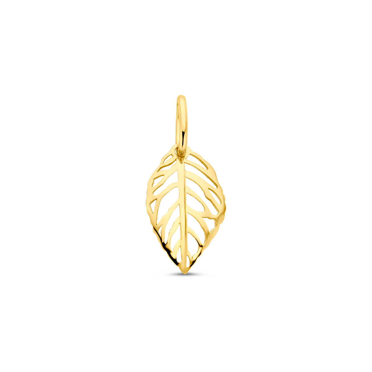 Vooraanzicht van de gouden blad hanger van 14 karaat.