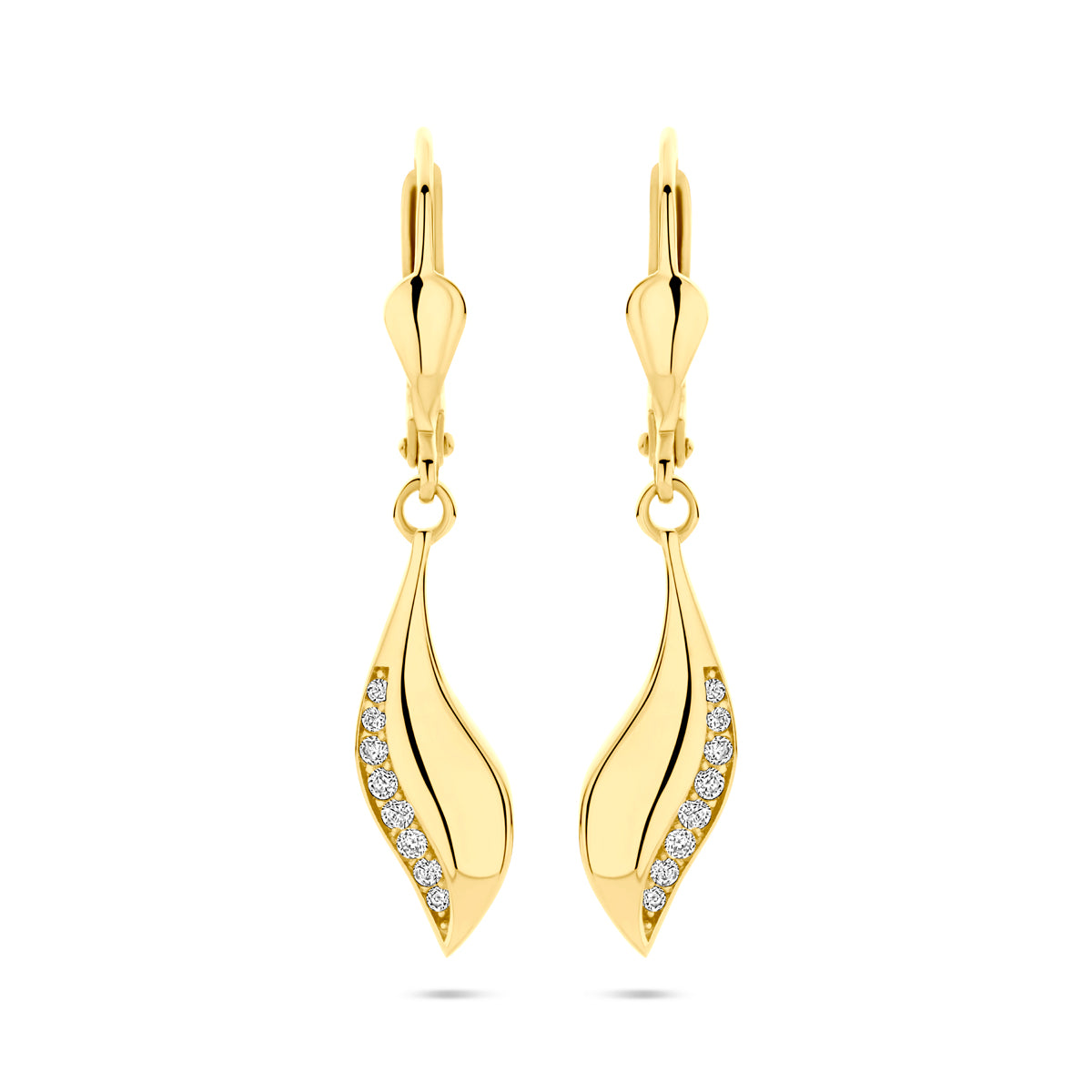 Gouden brisur zirkonia oorhangers, vooraanzicht