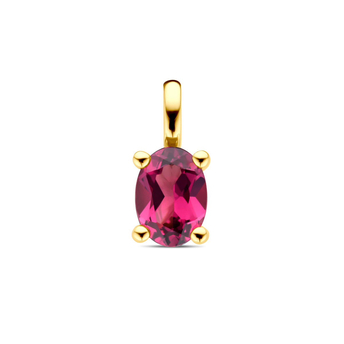 Vooraanzicht van de gouden hanger met roze rhodoliet van 14 karaat.