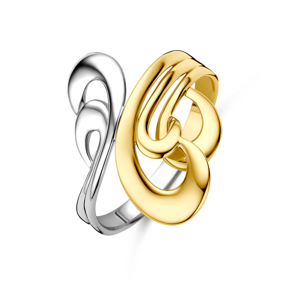 Schuin bovenaanzicht van de bicolor gouden brede ring van 14 karaat.