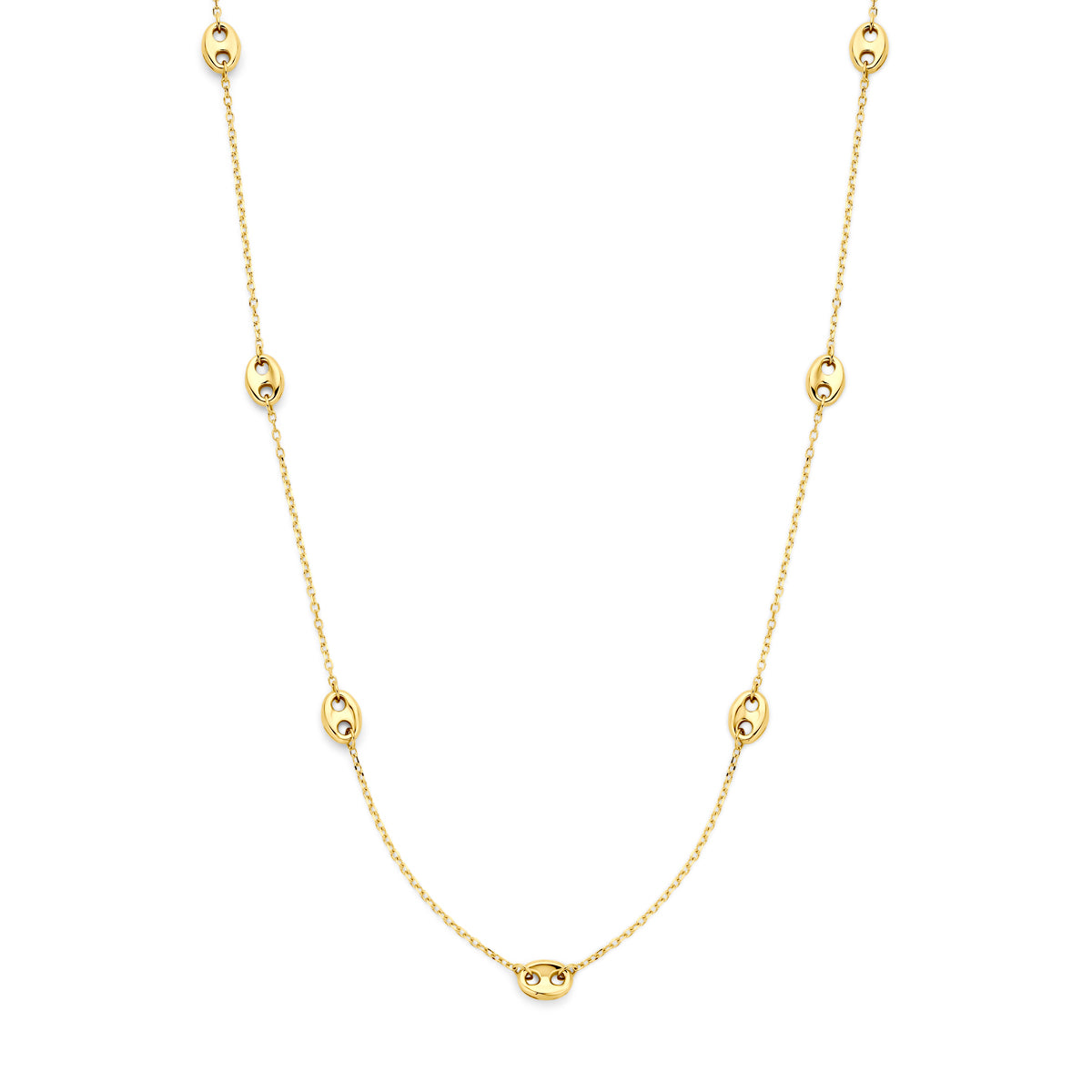Vooraanzicht van de gouden ketting met koffiebonen van 14 karaat.